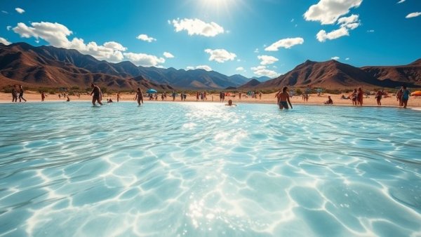 Vivid scene of Arizona wave pool with beachgoers.