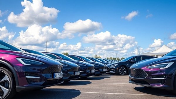 Sleek electric vehicles at dealership under cloudy sky, showcasing EV sales.
