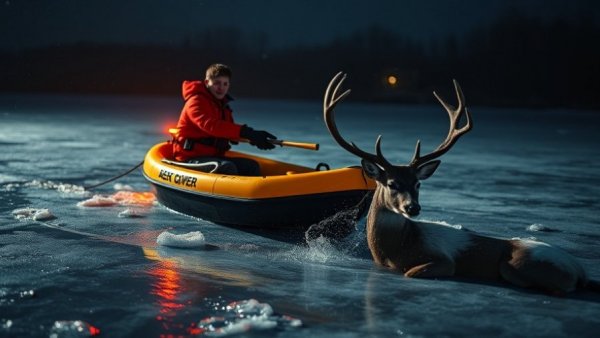 Teen rescues deer from frozen pond during nighttime.