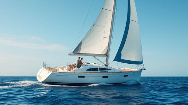 Couple sailing yacht on open ocean, discussing roles.