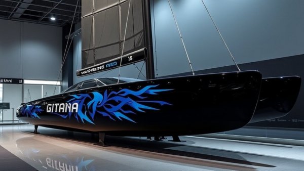 Gitana 18 racing yacht launch, sleek aerodynamic design in black and blue.