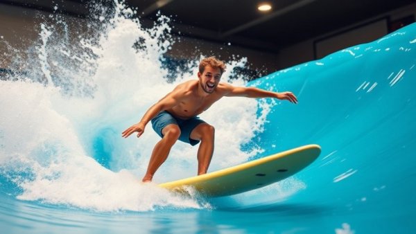 Surfer rides wave at Wavebender surf park