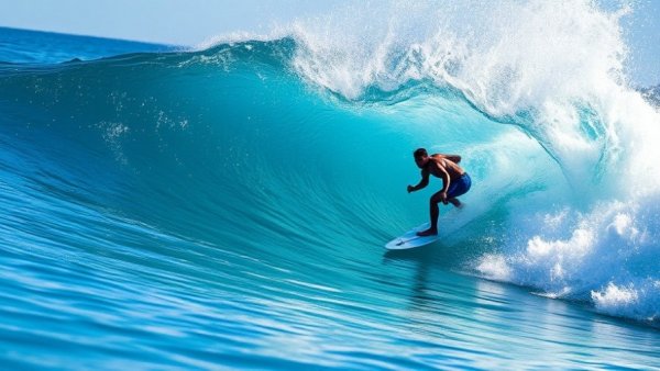 Surfer skillfully rides a large wave. Sierra Kerr surfboards.