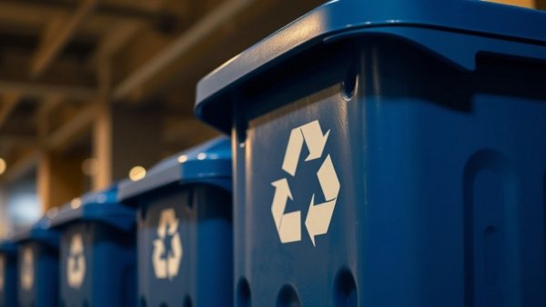 A blue recycling bin with a recycling symbol, highlighting rural recycling access.