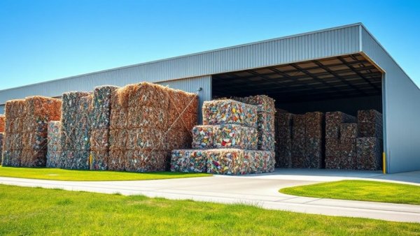 Austin paper cup recycling center with colorful bales outdoors.