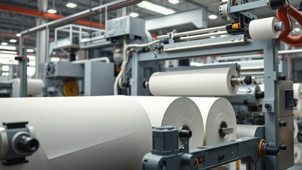 Eco-friendly paper production in a factory, sustainable packaging innovations.