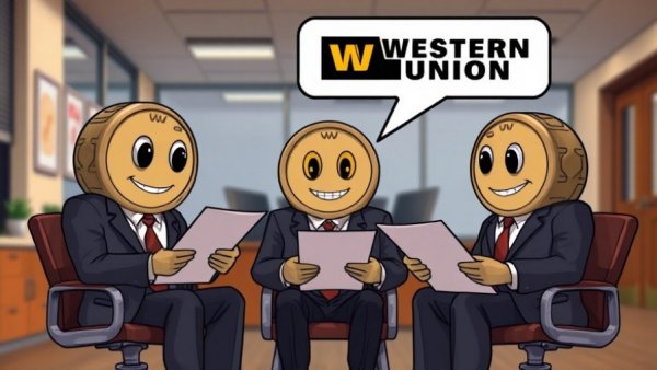 Cartoon humanoid coins discussing Western Union stable cards in an office.