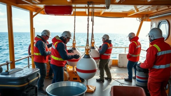 NOAA Funding Crisis: Researchers handling buoy on a vessel.