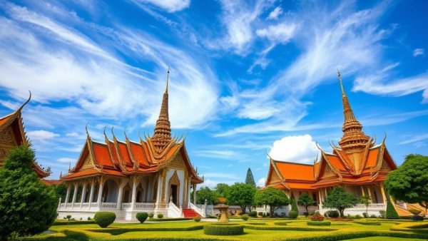 Eco-Conscious Travel in Thailand: serene Thai temples under a blue sky.