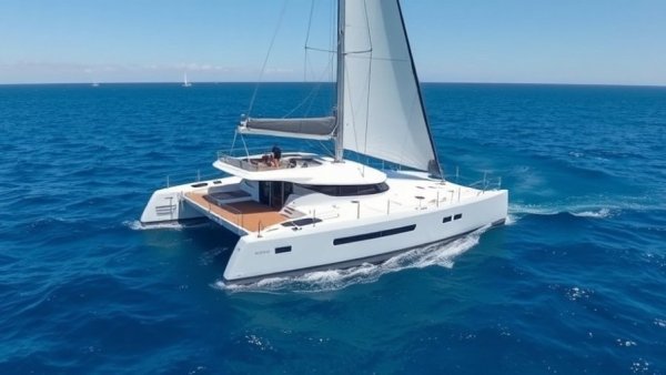 High-performance multihulls on open sea with clear blue skies.