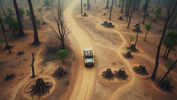 Aerial view of deforestation in the Amazon with logging truck.
