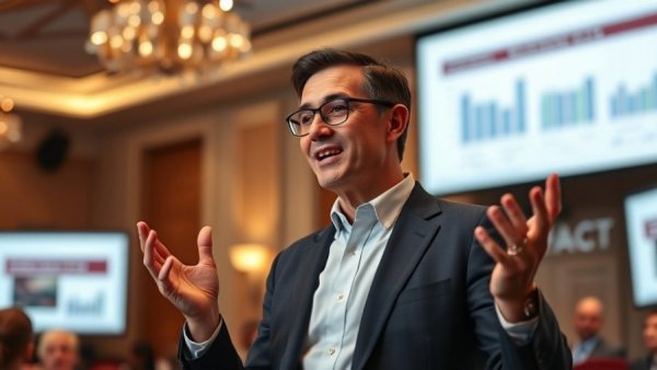 Confident speaker discussing expansion by acquisition in a masterclass.