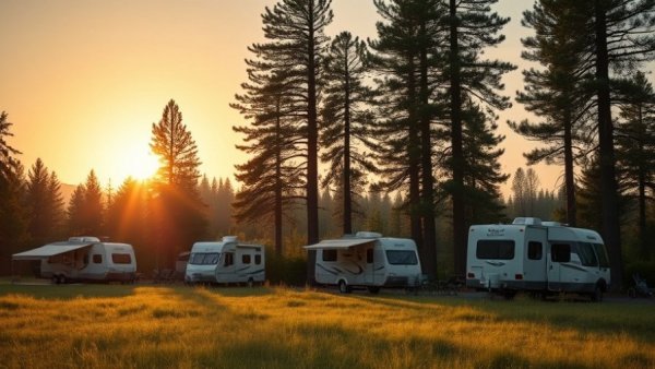 RVs in a serene Texas state park setting with pine trees for camping.