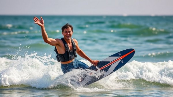 Wingfoil racer at WingFoil Racing World Cup exiting ocean triumphantly.