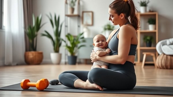 Mother and baby on yoga mat with dumbbells, cozy living room.