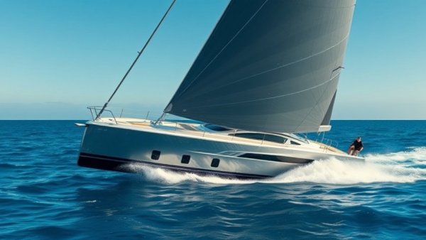 AC75 RB3 sailboat gliding on the ocean under clear skies.