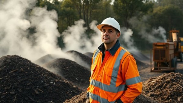 Female worker observing compost pile at industrial site