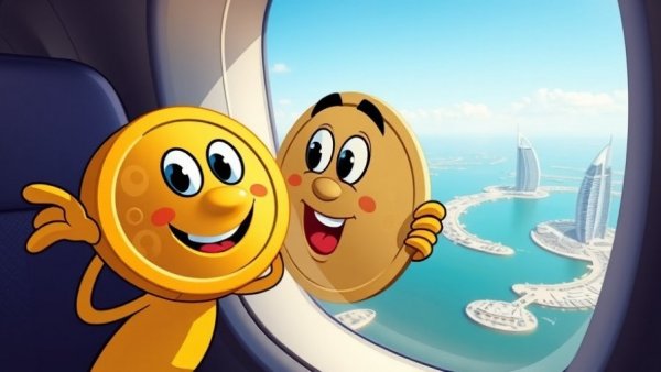 Cartoon coin character views Dubai skyline representing Galaxy Digital expansion UAE.