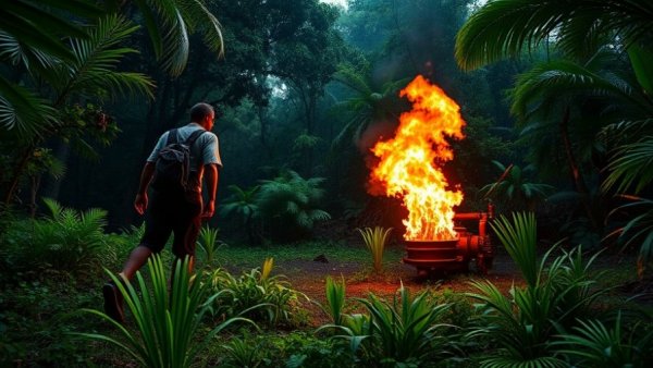 Man explores rainforest near gas flare in Ecuador Chevron pollution case.