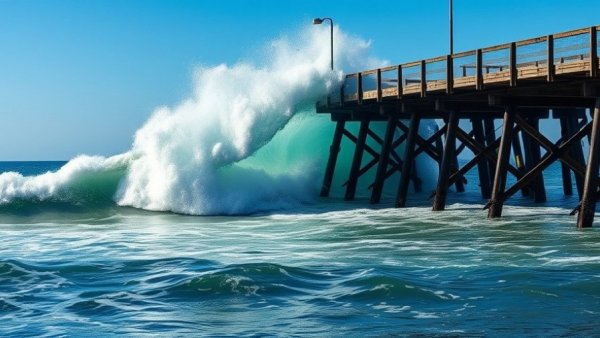 King tides on California coast hitting pier dramatically.