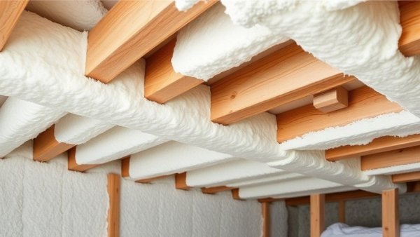 Spray foam insulation applied to rim joists in basement.