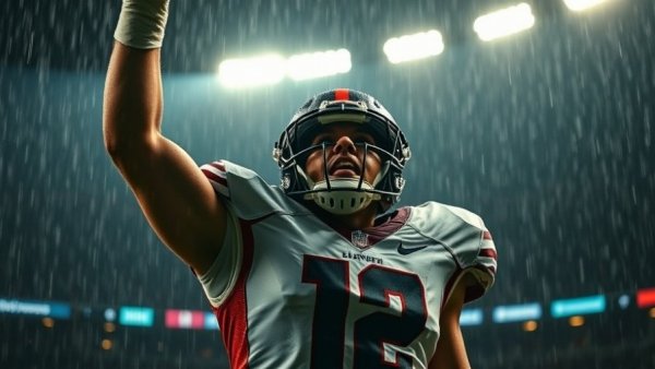 Resilient football player raises arm triumphantly under stadium lights.