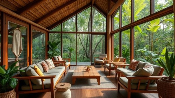 Rustic eco-lodge interior in Bali with forest view.