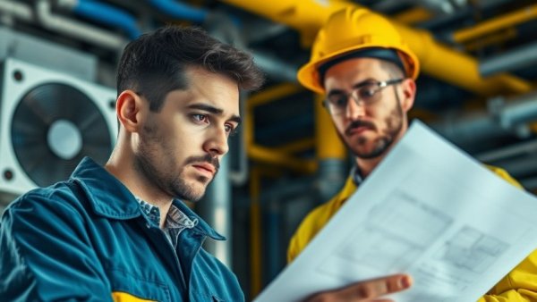 Technician reviewing HVAC blueprints on-site, Residential HVAC Solutions.