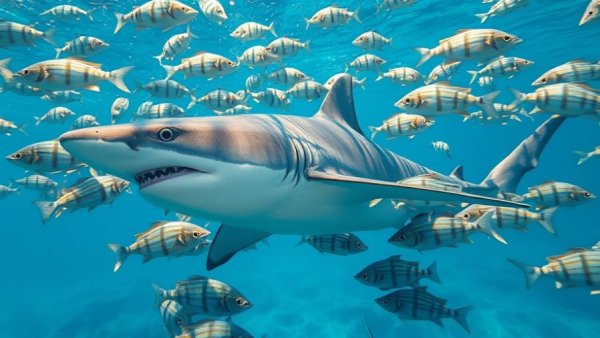 Photorealistic shark and striped fish in blue ocean for Sharks and Rays Protection.