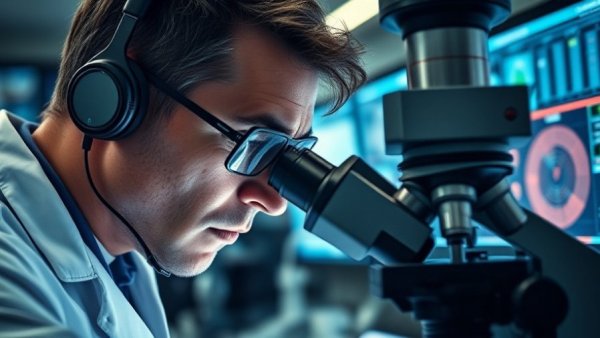 Scientist using microscope in advanced lab, numbers that change the future.