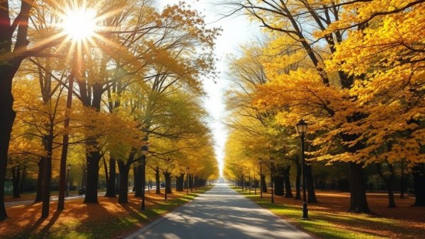 Community Reforestation NYC: peaceful forest path with autumn leaves and sunlight.