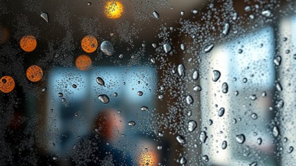 Close-up of a fogged window with condensation droplets.