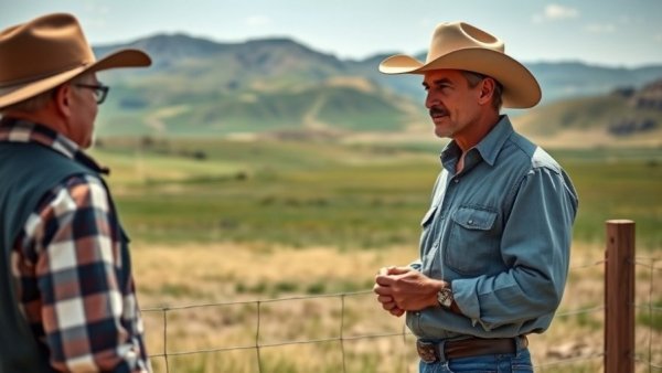 Wyoming ranchers discussing solar energy in a rural landscape