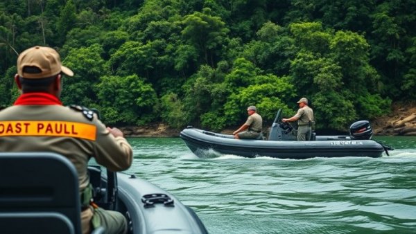 Costa Rican coast guard on patrol boats guarding river to combat poaching.