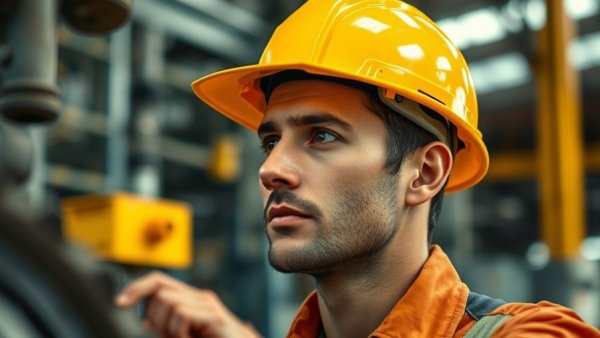 Focused worker in a hard hat observes machinery, reflecting sustainable technology.