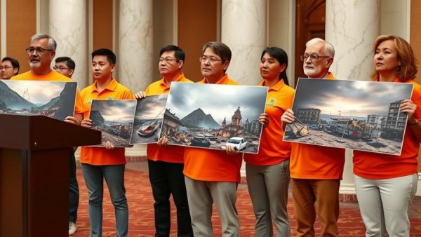 FEMA downsizing protest in formal setting with individuals holding disaster photos.