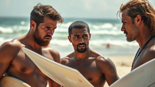 Two surfers discuss on beach, Point Break TV series reboot theme.