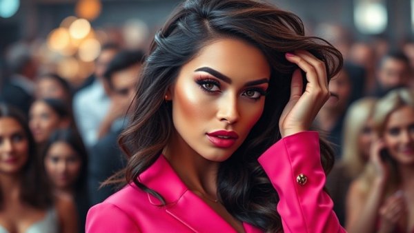 Lady Gaga in bright pink outfit adjusts hair at event, Lady Gaga Mayhem Lawsuit.