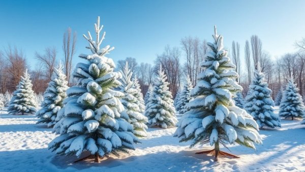 Snow-covered Christmas trees in a serene winter landscape, climate change
