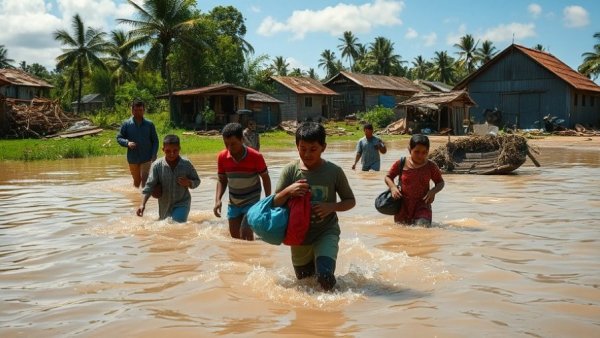 Rural flood scene illustrating natural habitat risk impacting Tapanuli orangutan extinction.
