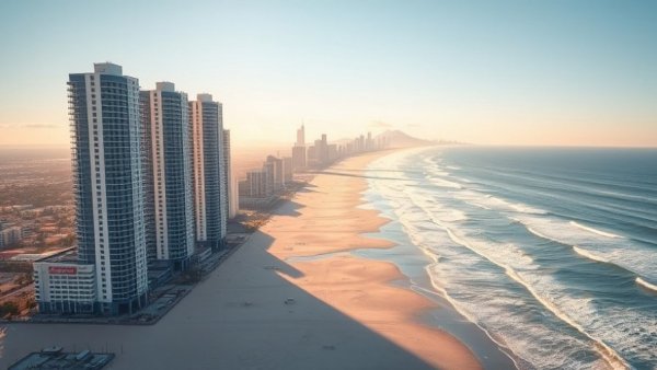 Expansive view of family-friendly beaches in South Carolina lined with tall buildings.