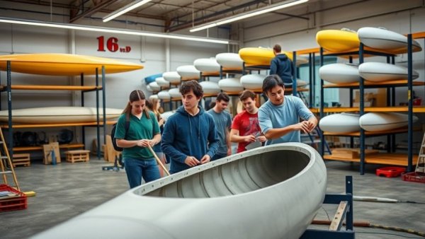 Students work on a concrete canoe in a vibrant workshop, Concrete Canoe Racing.
