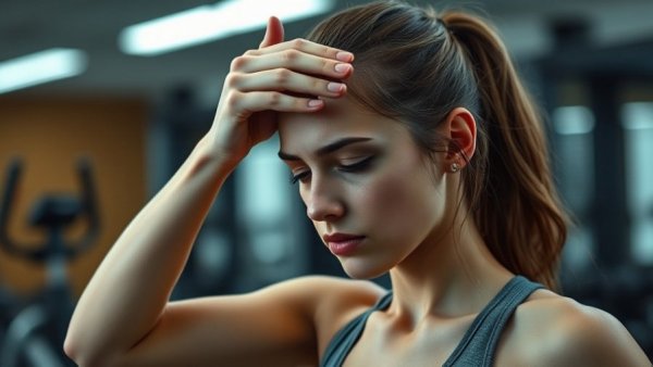 Exhausted woman in gym considering if you should work out when sick.