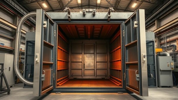 Industrial heat treatment furnace for metals with open doors in a factory.