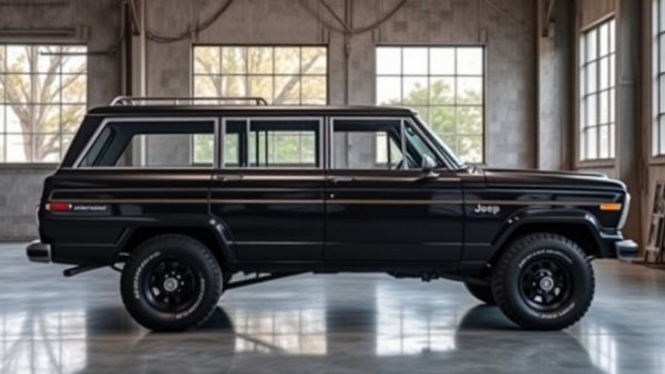 Blacked out 1979 Jeep Wagoneer in modern showroom, robust design