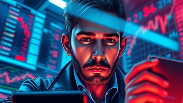 Trader examines market in futuristic digital illustration for MSCI crypto treasury rules.