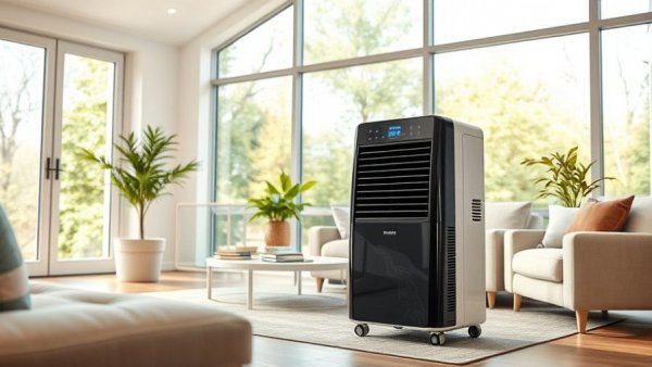 Dehumidifier in a modern living room for dehumidification and hygric buoyancy.