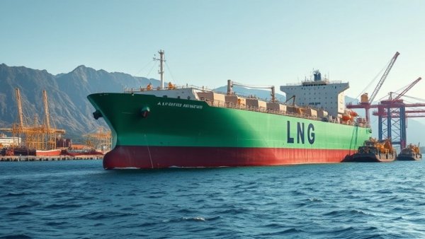 LNG ship docked at terminal with mountains in background.