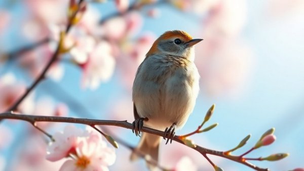 Olive bird perches on cherry blossom, evokes mindfulness and peace.