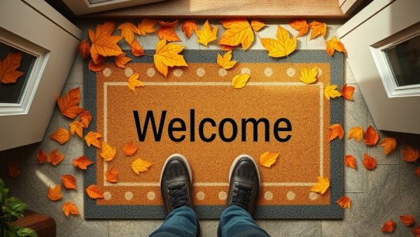 Welcome mat on mosaic tiles, feet visible, Overcoming Loneliness with Invitations.